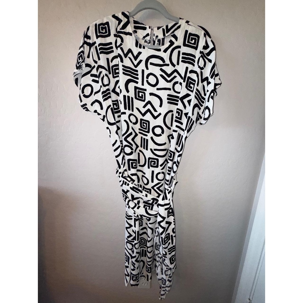 Wallis Dress Womens Size 10 Black White Geometric Tie Waist Casual Modern Chic